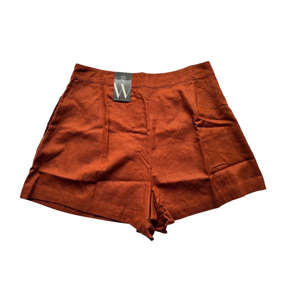 NWT Linen Blend Shorts Size 14 Rust Pleated High Rise Summer Coastal Academia - Picture 2 of 6